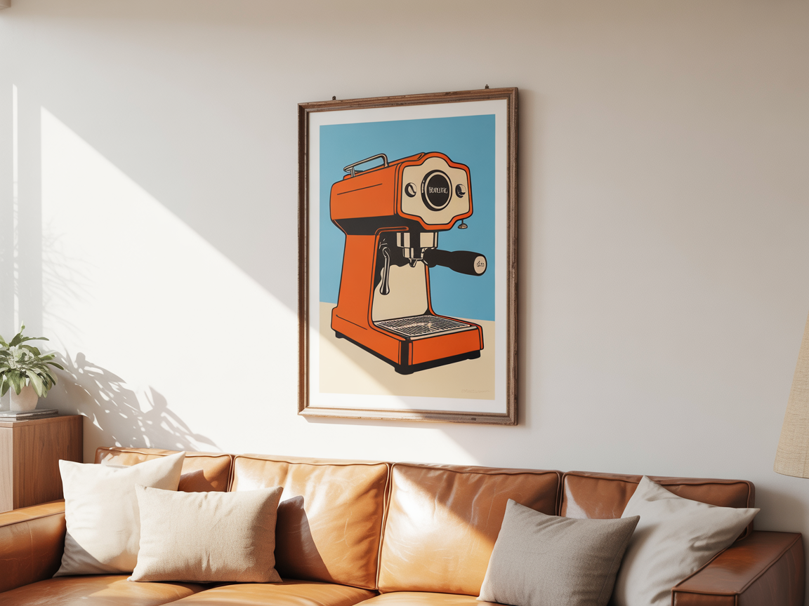 Espresso machine blueprint print framed in a living room