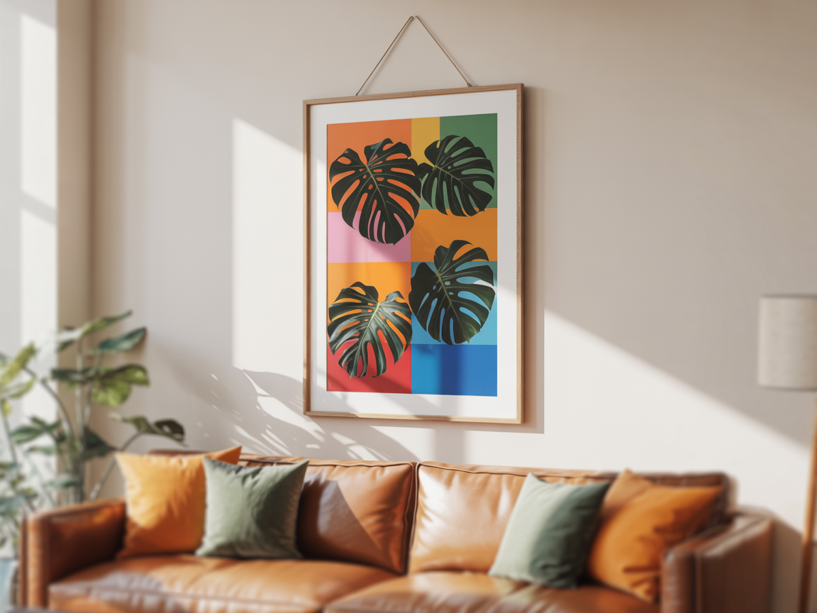 Tropical pattern clash print framed in a living room