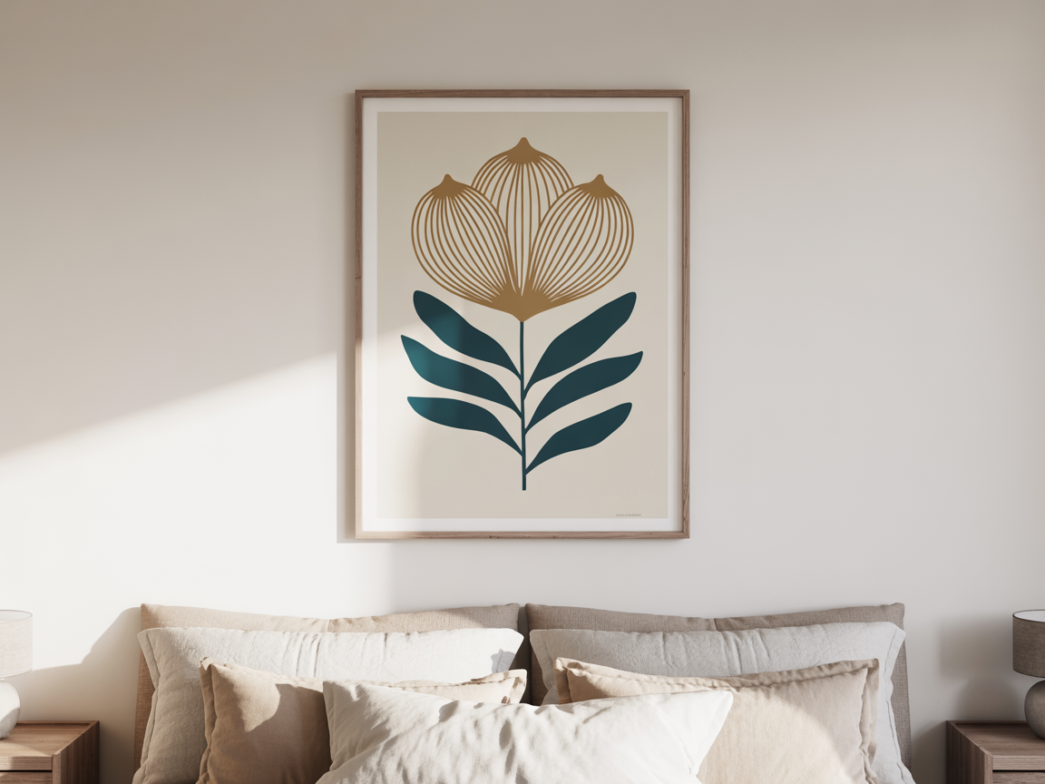 Neo Deco Geometry print framed in a bedroom